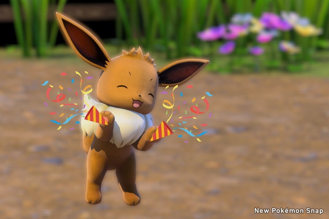 A happy Eevee jumping in the air.