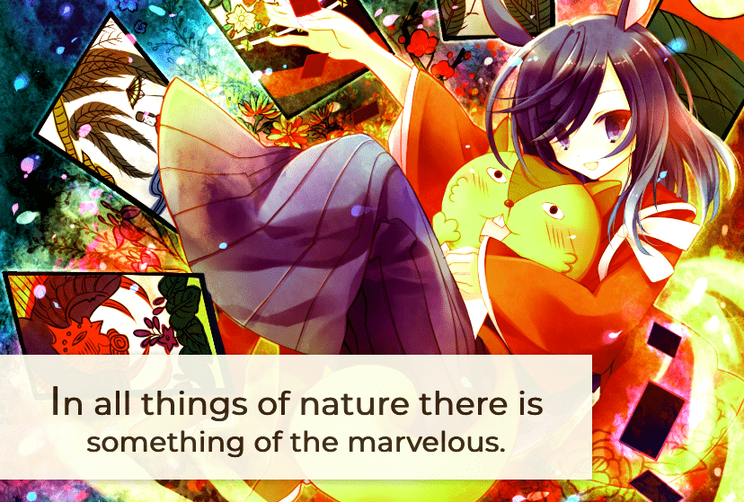 A quote about the marvelous aspects of nature paired with a supernatural drawing someone floating in a colorful background.