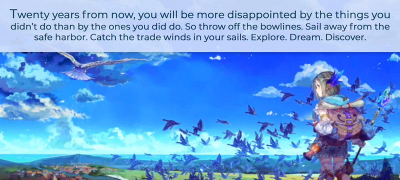 A quote about expanding your horizons and trying new things paired with an artwork of someone looking out over an unfamiliar countryside.
