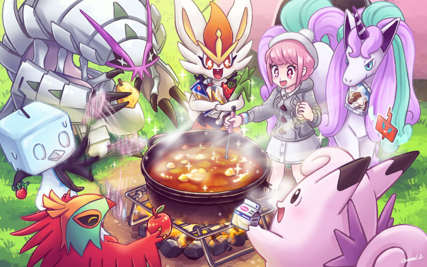 A trainer and several pokemon gathering around a freshly-made pot of curry.