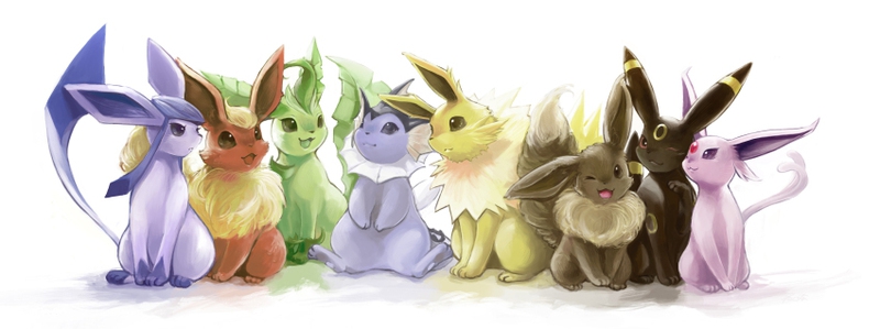 A drawing of all the Eevee evolutions sitting together