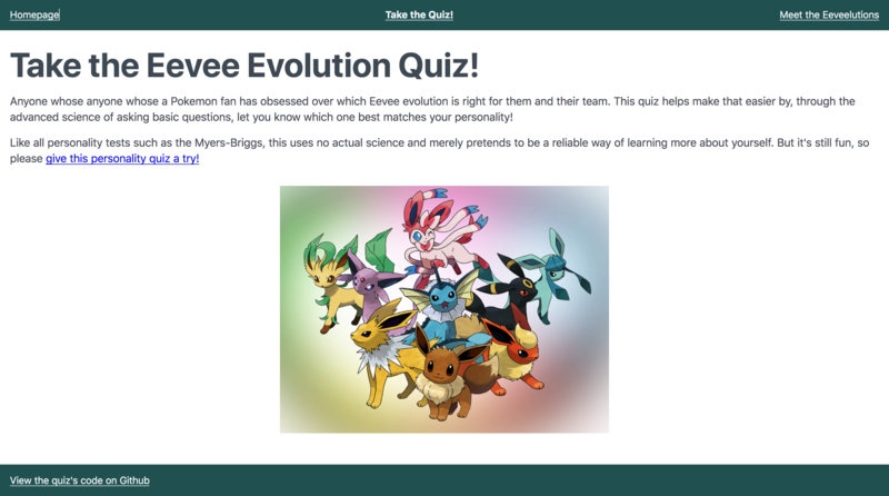 "The homepage of the 'What Eeveelution Are You' quiz site."