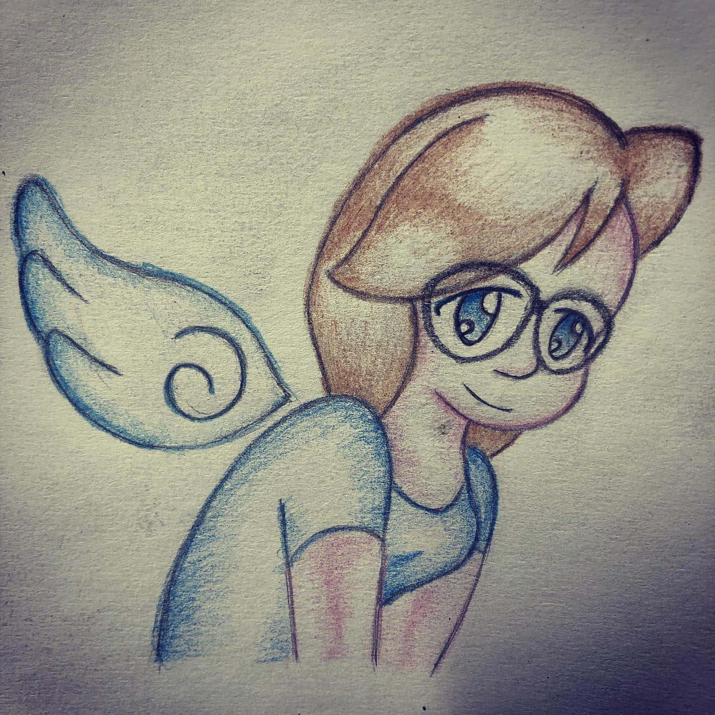 A colored pencil drawing of a woman with glasses and cartoon angel wings.