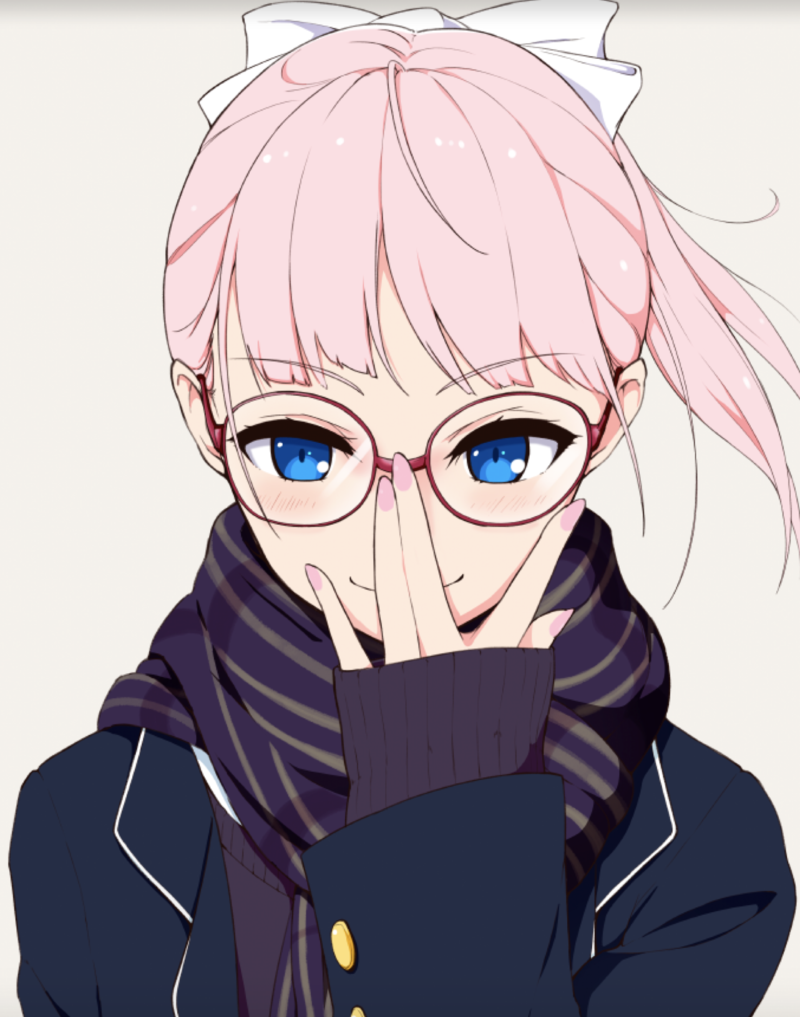 An anime drawing of a girl looking forward and adjusting her glasses.