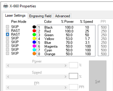 The laser cutter settings for the red and green layers.