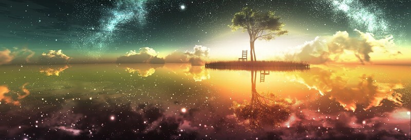 A surreal landscape view over an island.