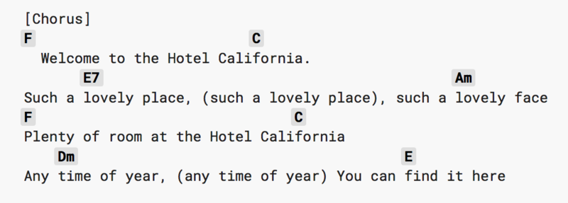 A chorus of Hotel California with different chords above the words.