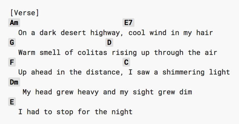 A verse of Hotel California with different chords above the words.