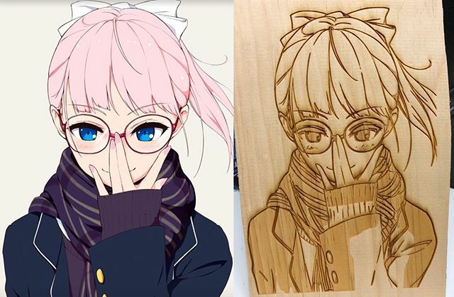 A laser-cut art version of an anime drawing of a girl with glasses.