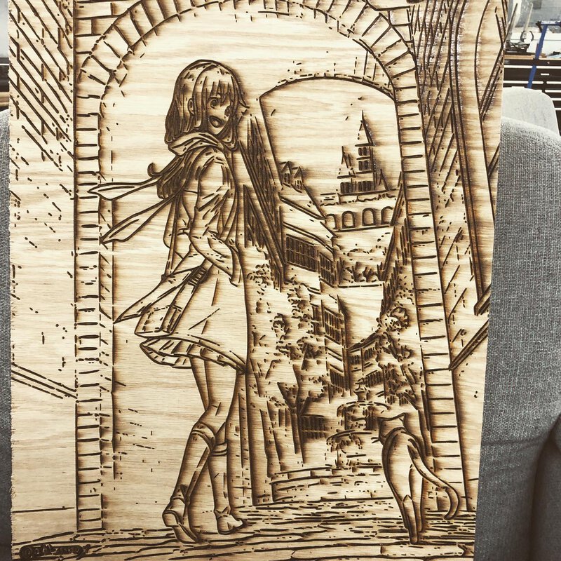 A laser-cut art version of a girl walking with a cat through an Italian archway.