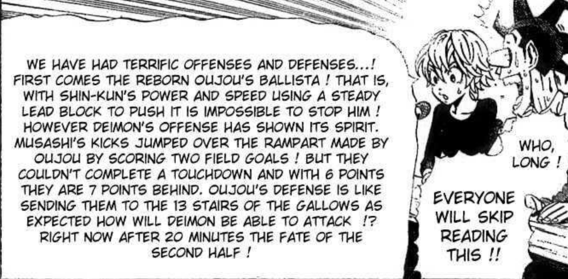 A sports commentator in a football comic recapping the game in so much detail, no one is going to read it.