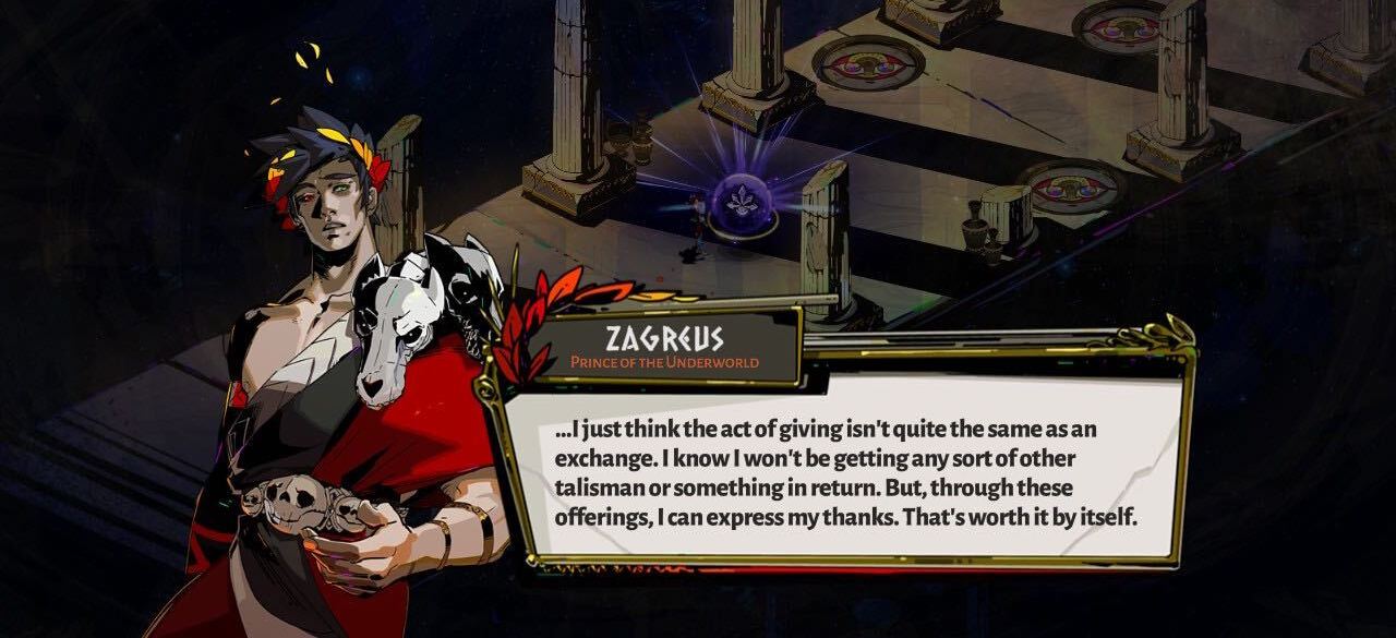 Zagreus giving Chaos a small offering as thanks for his help.