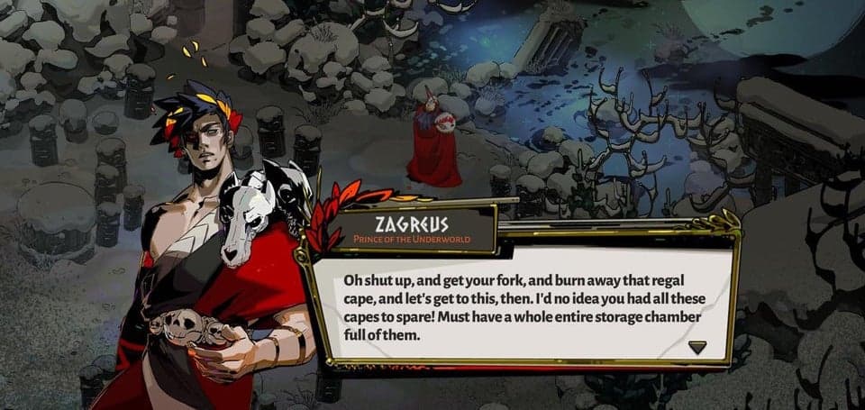 Zagreus chatting with his father before they fight to the (sort of) death.